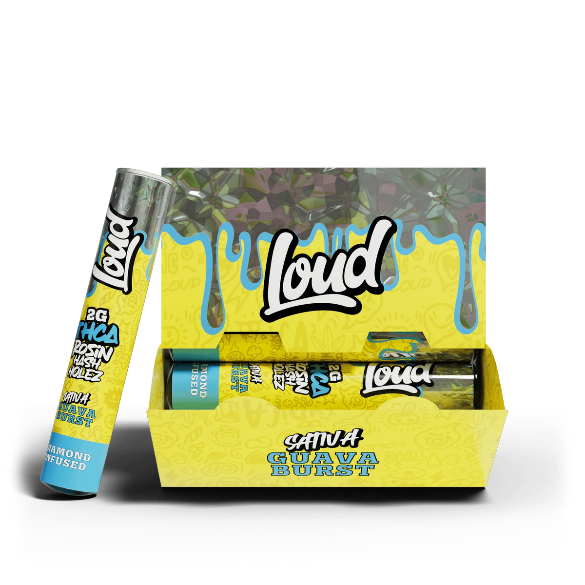 Loud Guava Burst Sativa pre-roll box with one tube in front, Coastal Hemp Co wholesale product.