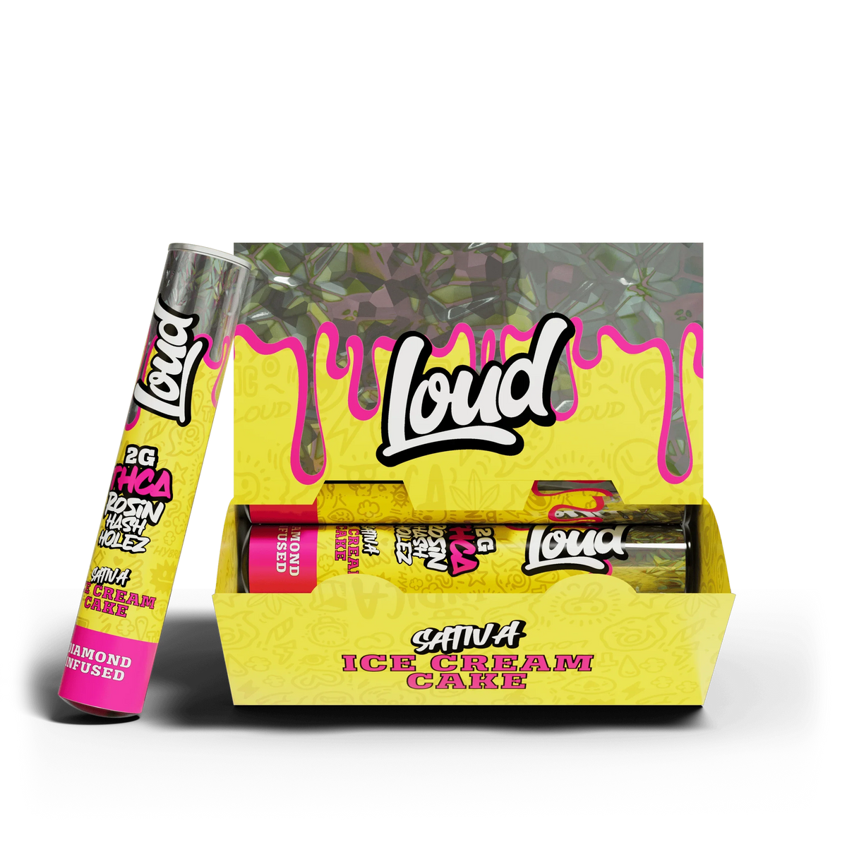 Loud Ice Cream Cake Sativa pre-rolls 20-pack box with one tube displayed, Coastal Hemp Co product.