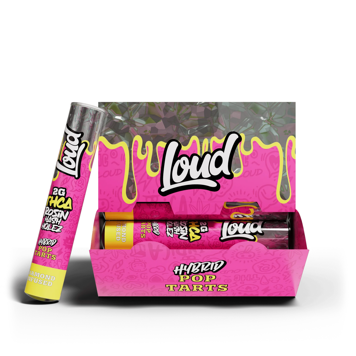Loud Pop Tarts Hybrid pre-rolls display box with vibrant pink and yellow branding, Coastal Hemp Co wholesale product
