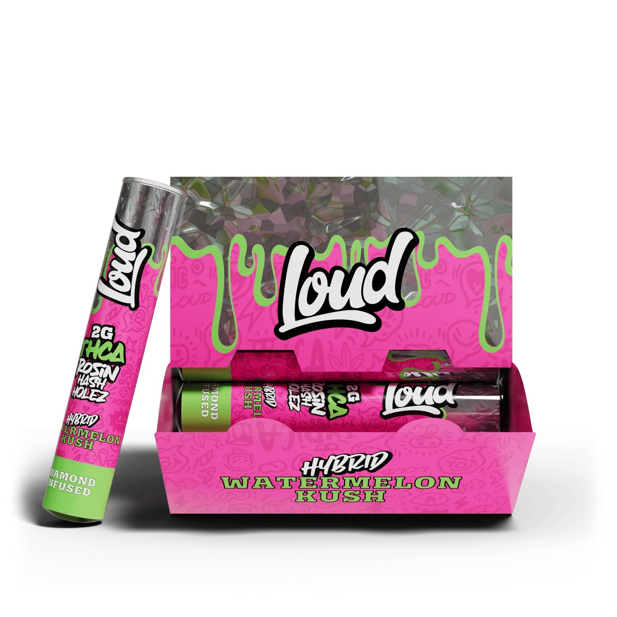 Loud Pre Roll Holez Watermelon Kush Hybrid 20 pack, pink and green packaging, CHC Distro