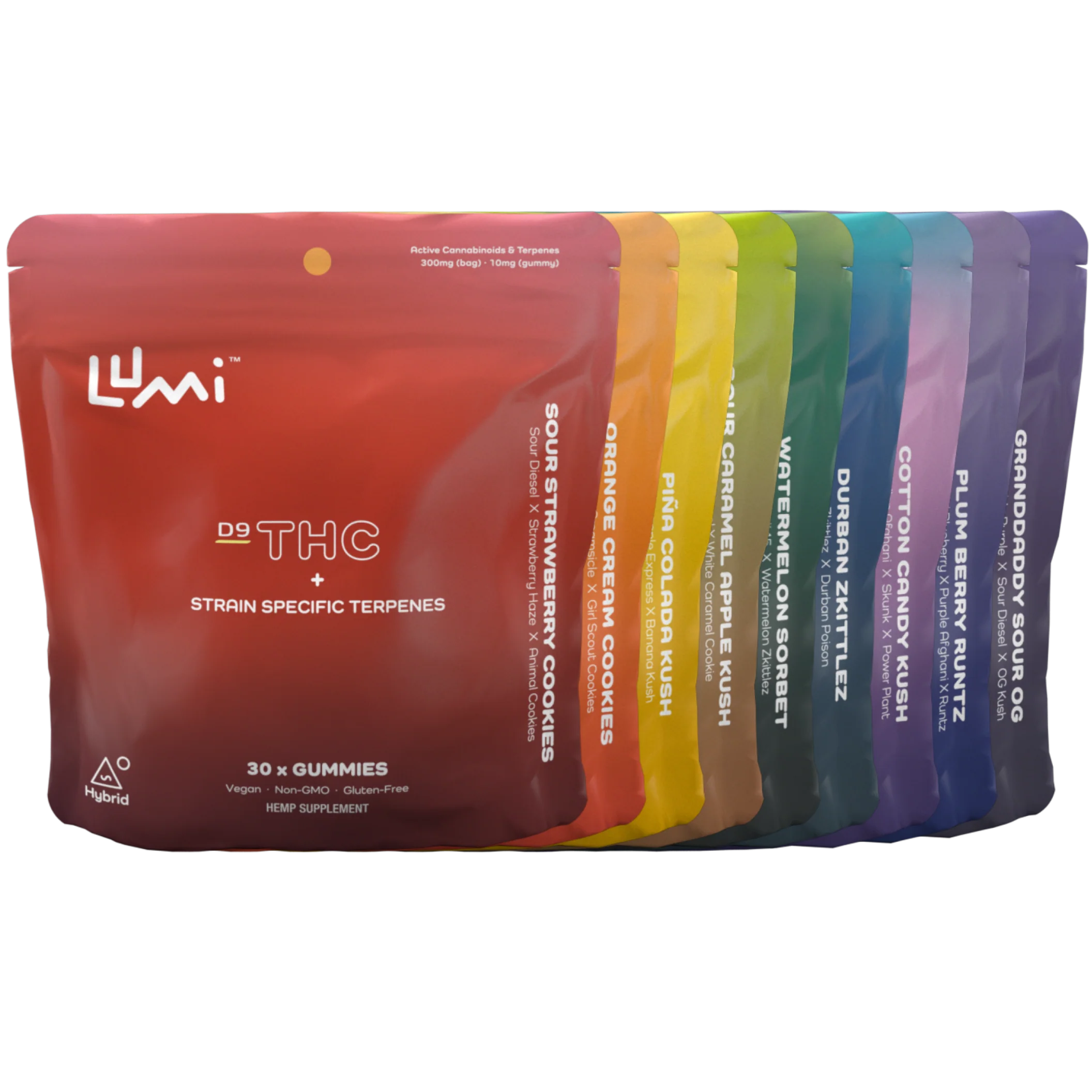 A row of Lumi Strain-Specific Delta-9 THC Gummies – 15 pack by Lumi, in resealable pouches labeled with unique flavors and strains, arranged in a red-to-purple gradient.