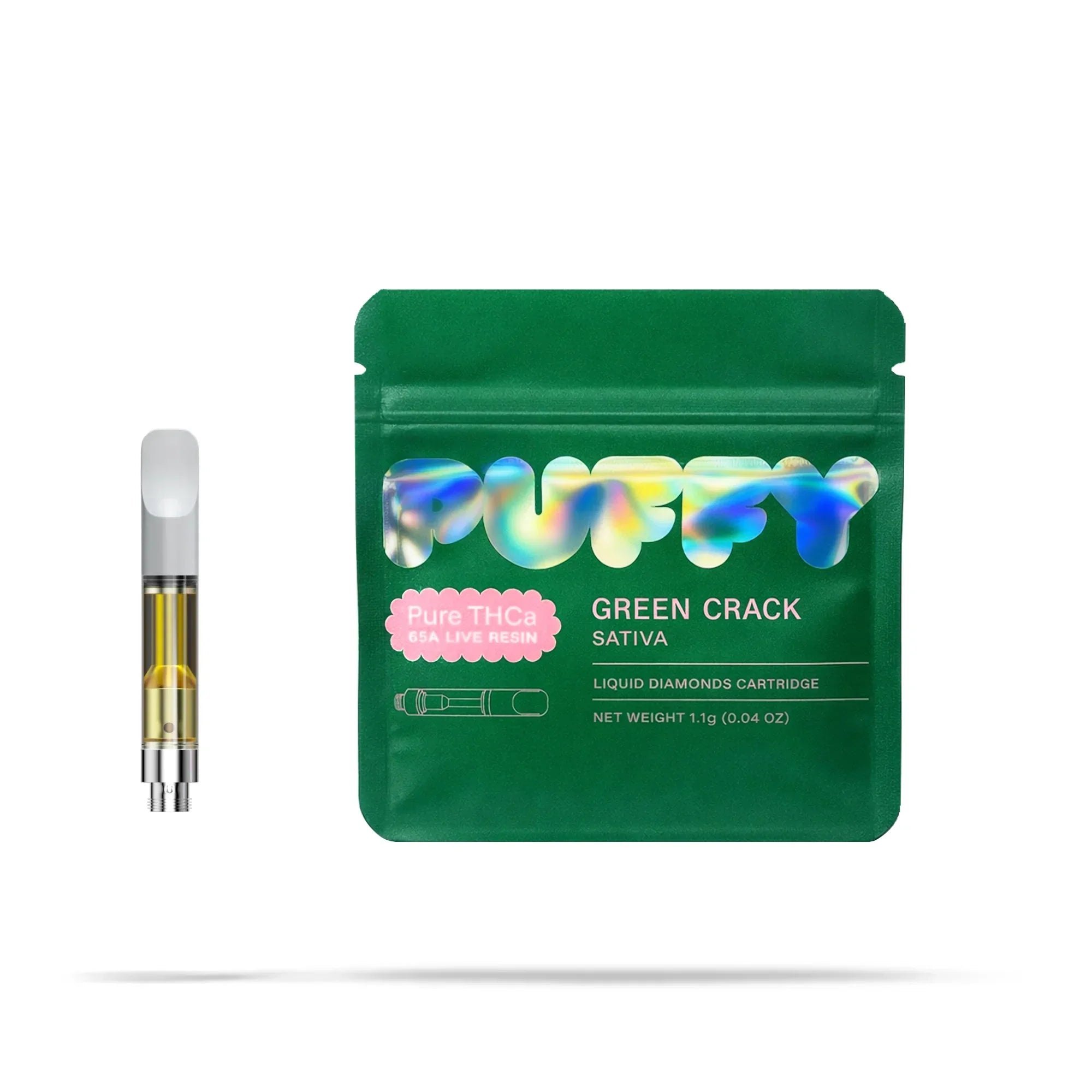 Puffy Pure THCa Green Crack Sativa cartridge and green resealable pouch, 1g liquid diamonds