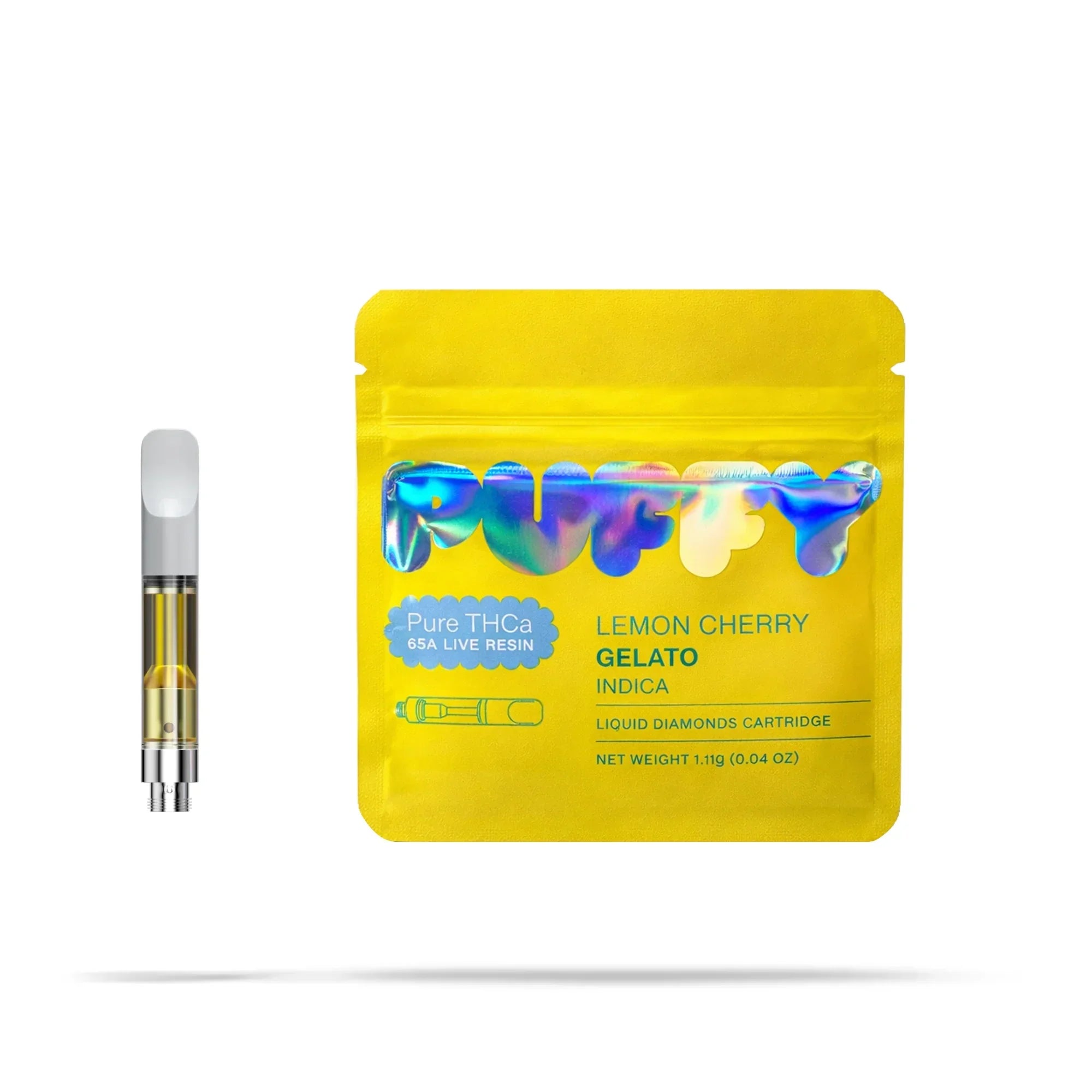 Lemon Cherry Gelato THCA vape cartridge and yellow resealable pouch on white background.