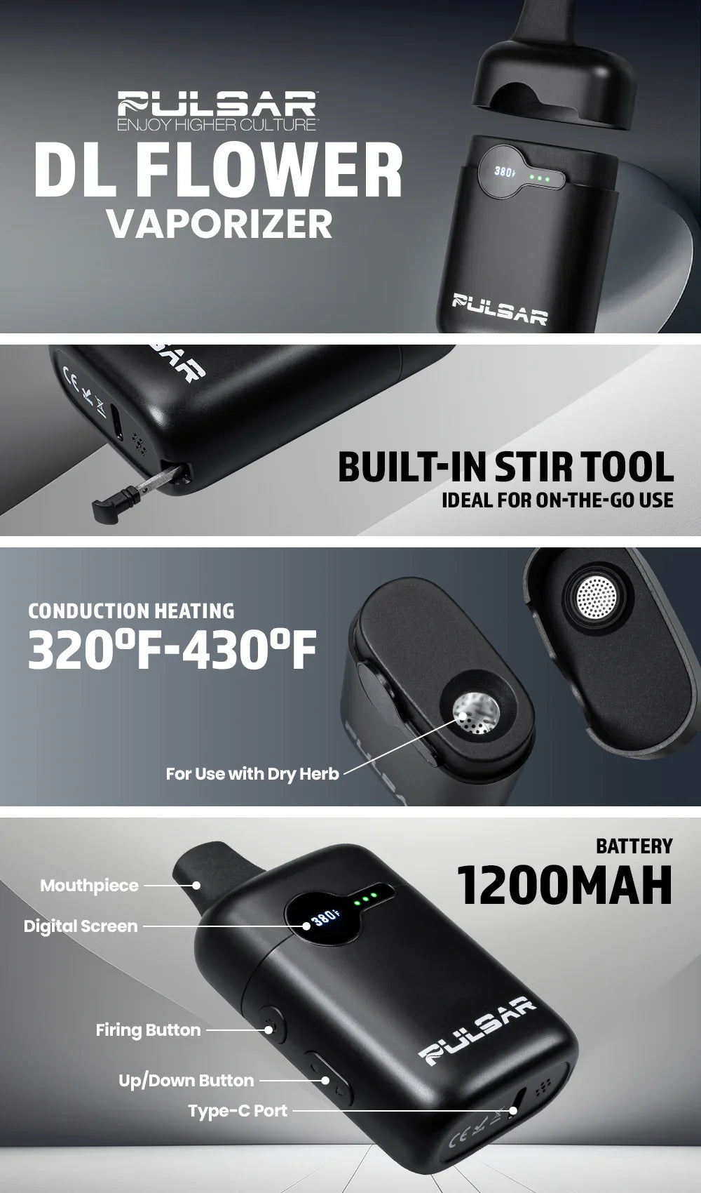 The Pulsar DL Dry Herb Vape by Pulsar is a compact black device with a digital 420°F display, green LEDs, ceramic airpath, sleek top mouthpiece, and simple side buttons for easy use.