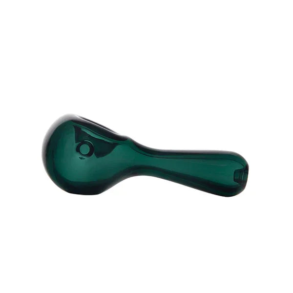 Green glass hand pipe for dry herb smoking, simple curved design on white background