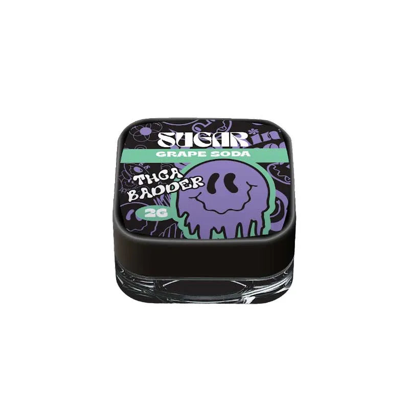 Trippy Sugar THCa Badder 2G | 5-Pack" by Trippy Sugar, features blue and yellow graphics and contains yellow, crumbly hemp concentrate ideal for dabbing.