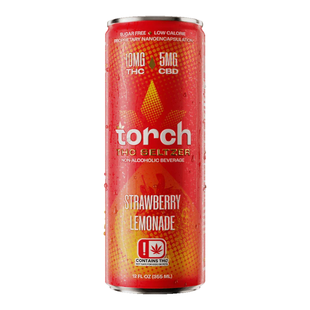 Torch THC Seltzer Strawberry Lemonade, 10mg THC, 5mg CBD, sugar-free, low-calorie non-alcoholic beverage