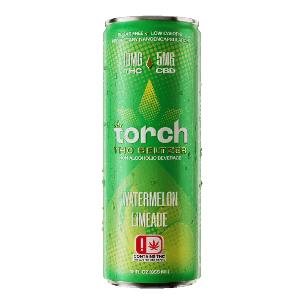 Torch THC Seltzer Watermelon Limeade, sugar-free, low-calorie non-alcoholic beverage with 10mg THC, 5mg CBD