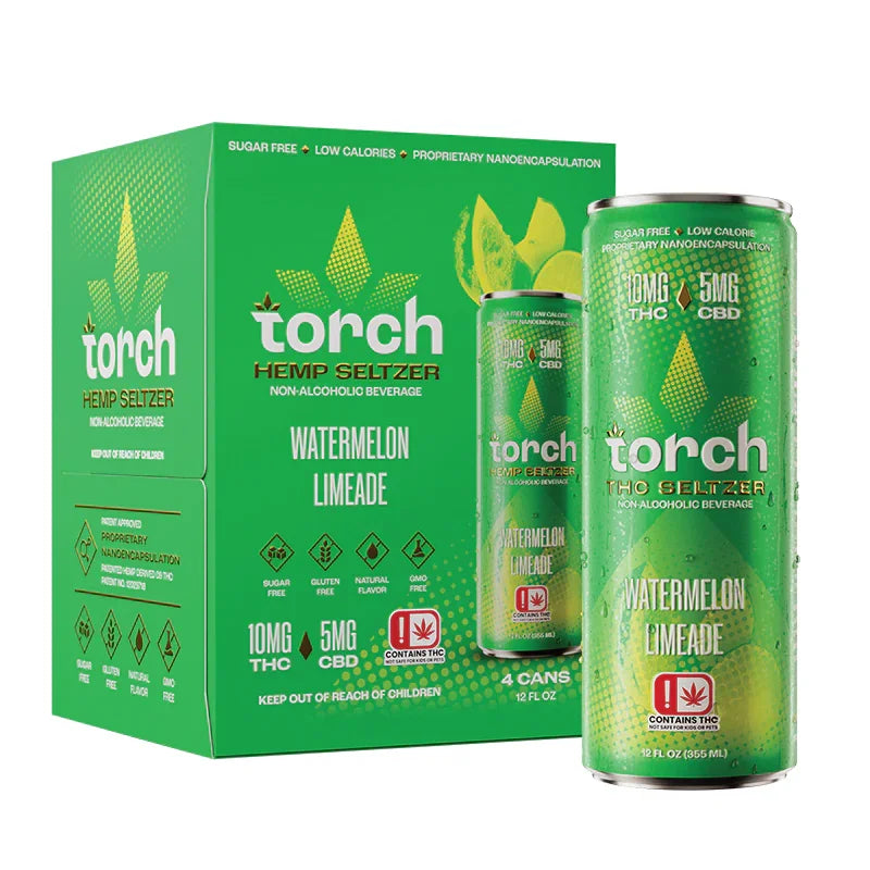 Torch Hemp Seltzer Watermelon Limeade can and box, 10mg THC, 5mg CBD, sugar-free, non-alcoholic beverage