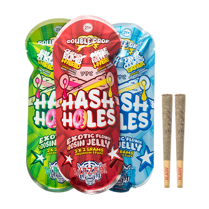 Hash Holes exotic flower rosin jelly packs with RAW pre-rolls, 21+ premium cannabis products