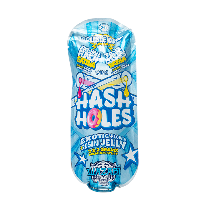 Hash Holes Exotic Flower + Rosin Jelly, 2x2g Premium Stuff, Blue Packaging with Tiger Logo