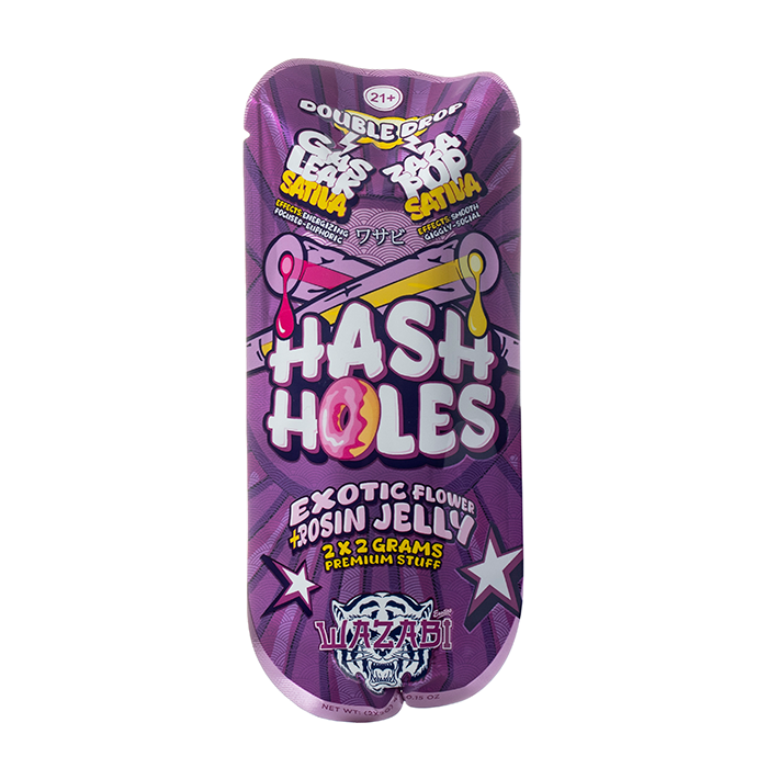 Hash Holes Exotic Flower Rosin Jelly 2x2g sativa edibles, purple packaging with tiger logo