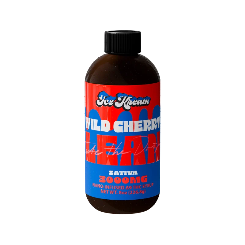 A brown bottle with a black cap labeled Ice Kream Lean Nano-Infused Delta 9 Syrup 3000mg by Ice Kream, featuring red and blue graphics on a white background.