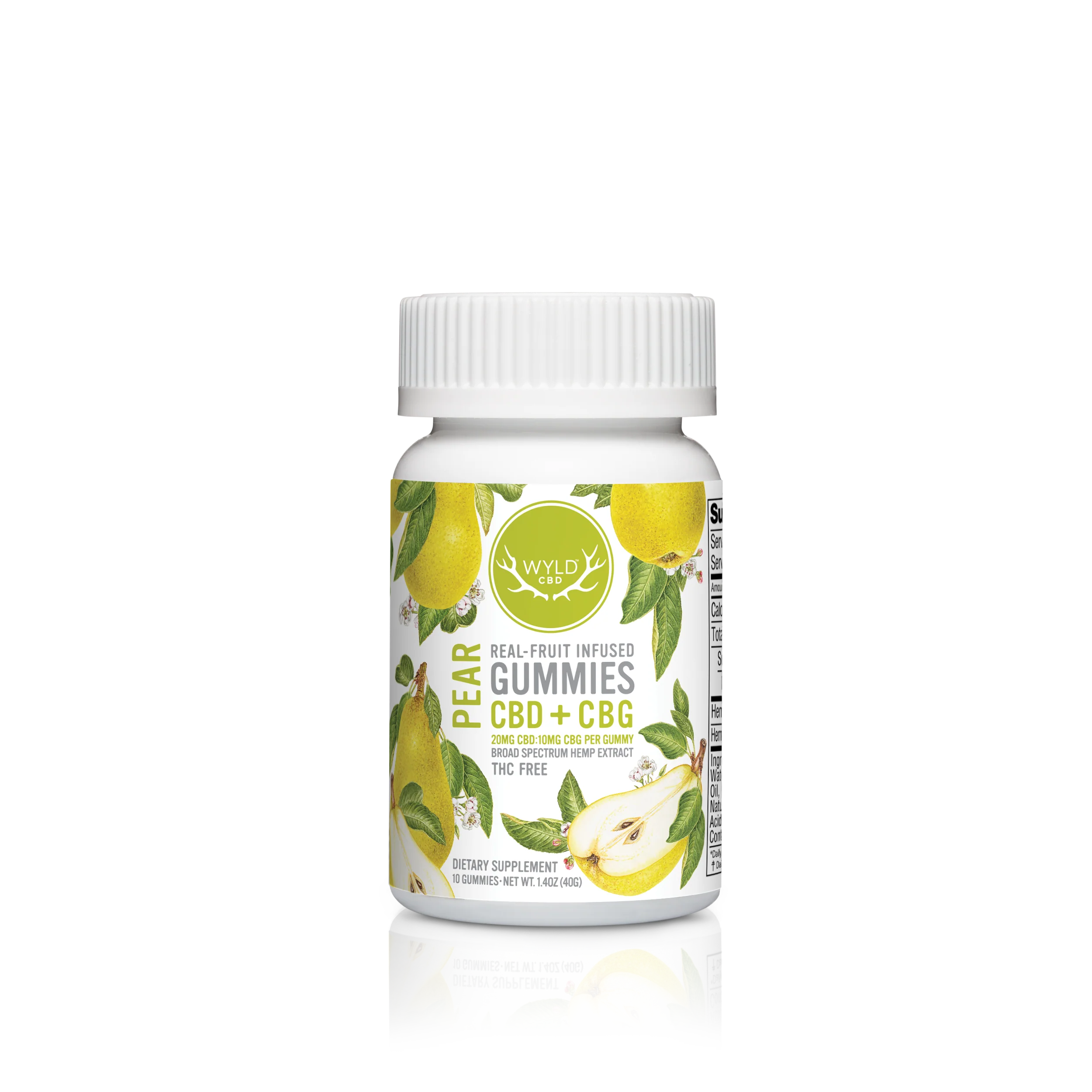 Bottle of Wyld Pear CBD + CBG Gummies on a white background