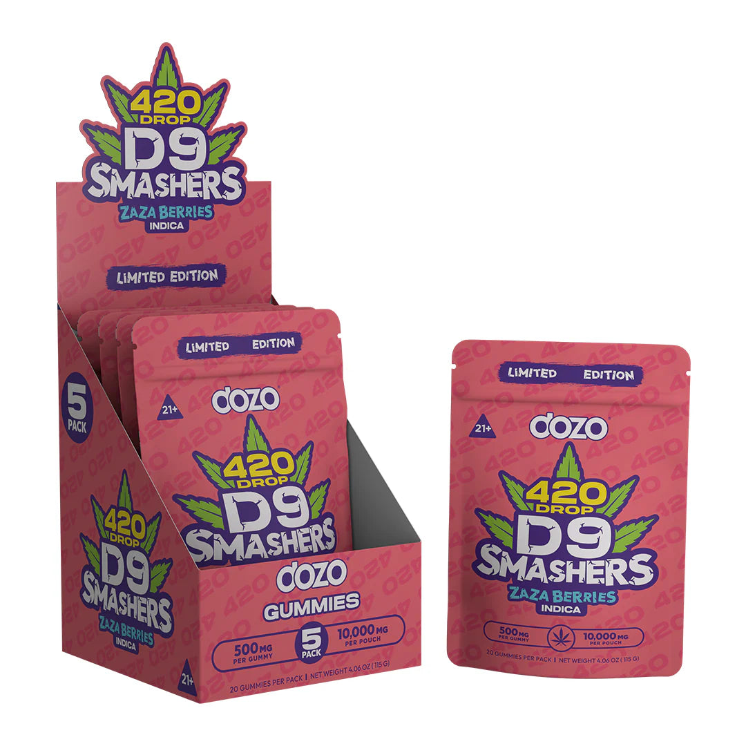 Display of D9 Smashers Ozo Gummies packaging with pink and purple design.