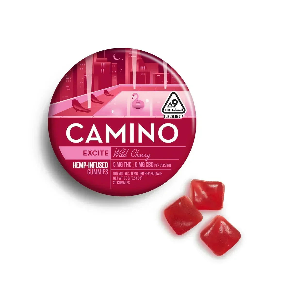 An open pink tin of Kiva Confections Camino Gummies Delta 9 THC 5mg 20ct shows three red, square gummies beside it. The round tin features a poolside illustration and THC warning symbols.