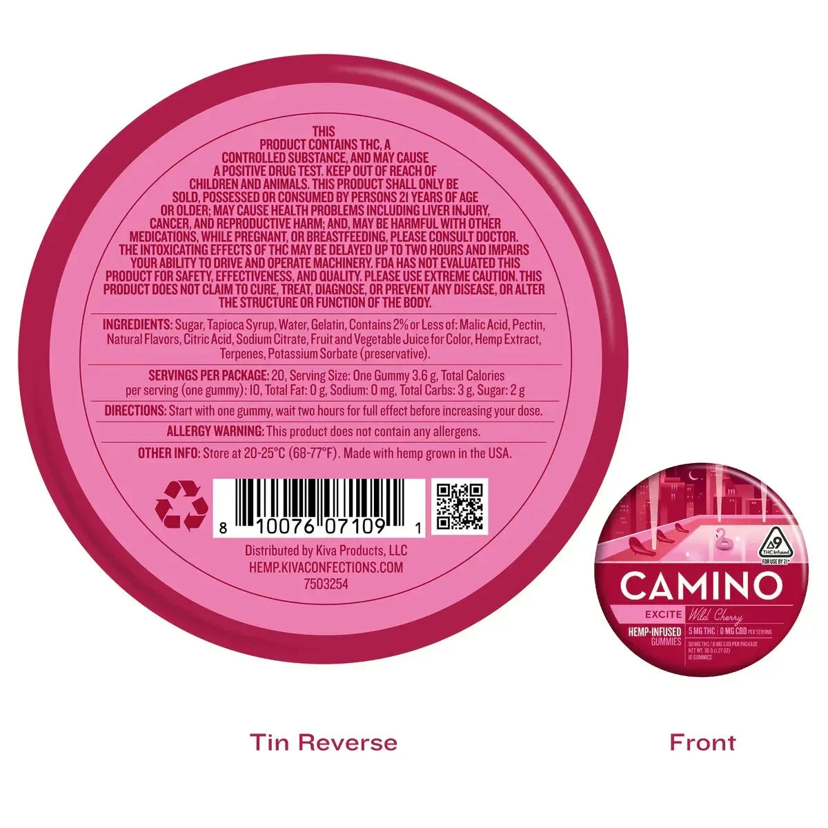An open pink tin of Kiva Confections Camino Gummies Delta 9 THC 5mg 20ct shows three red, square gummies beside it. The round tin features a poolside illustration and THC warning symbols.