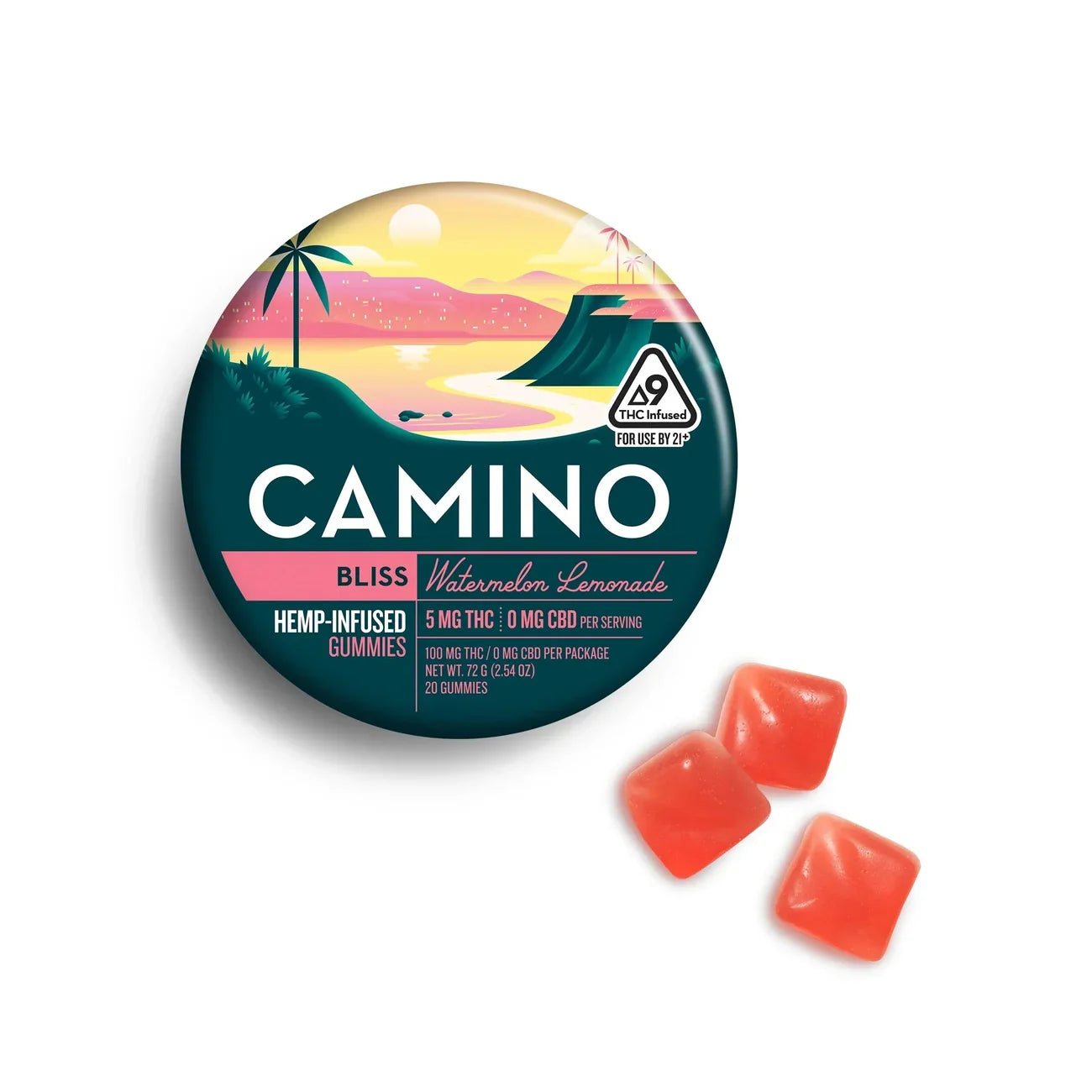 An open pink tin of Kiva Confections Camino Gummies Delta 9 THC 5mg 20ct shows three red, square gummies beside it. The round tin features a poolside illustration and THC warning symbols.