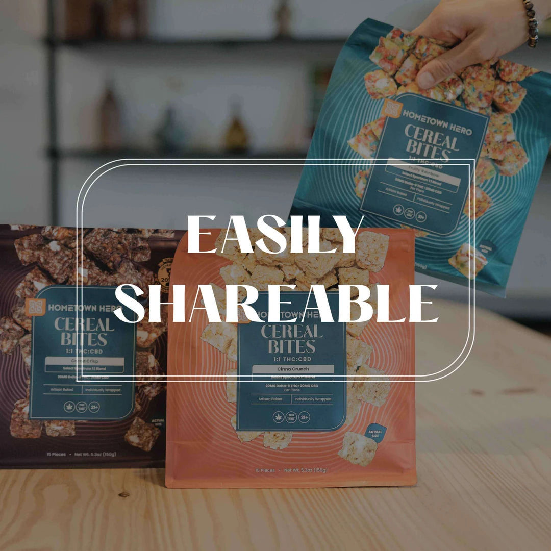 The Hometown Hero Delta 9 Cereal Bites 15ct Bag features Fruity Rainbow 1:1 THC+CBD edibles—20mg each, artisan baked, individually wrapped crispy squares. For ages 21+.