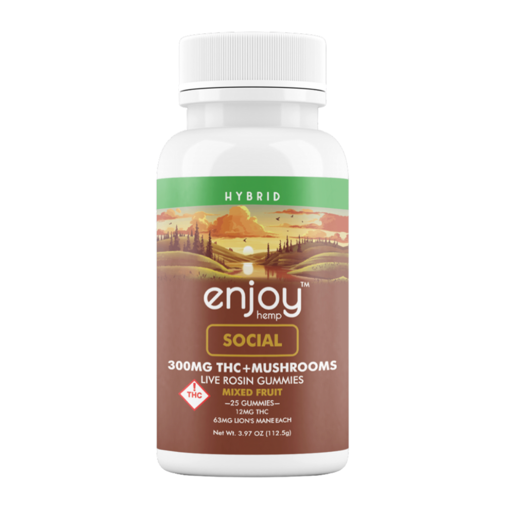 A white bottle of Enjoy Hemp’s Enjoy Live Rosin Social THC + Mushroom Gummies 300mg features a landscape label, hybrid type, mixed fruit flavor, and contains 25 gummies per bottle.