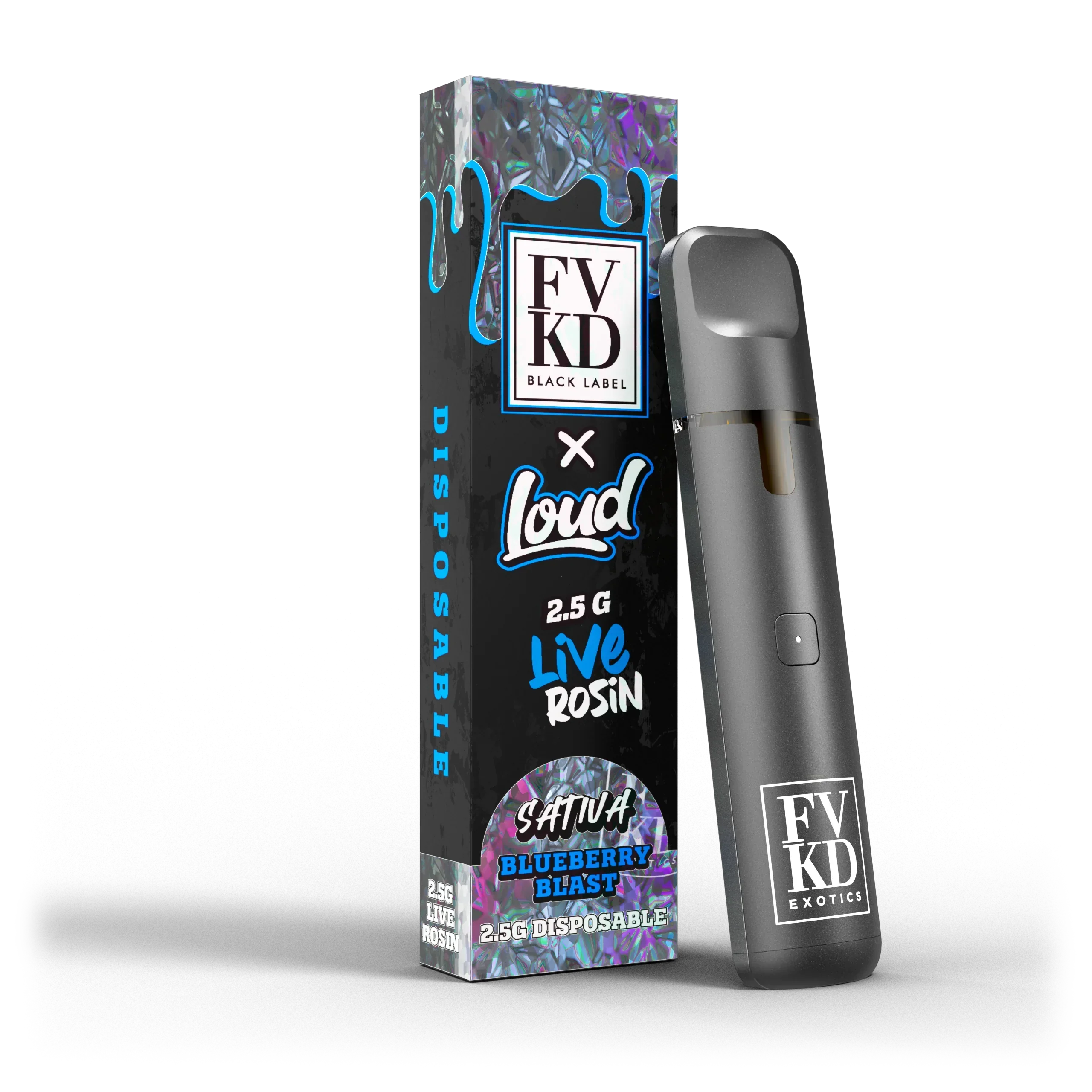 FVKD Black Label 2.5g Live Rosin disposable vape pen, Sativa Blueberry Blast flavor, sleek black design