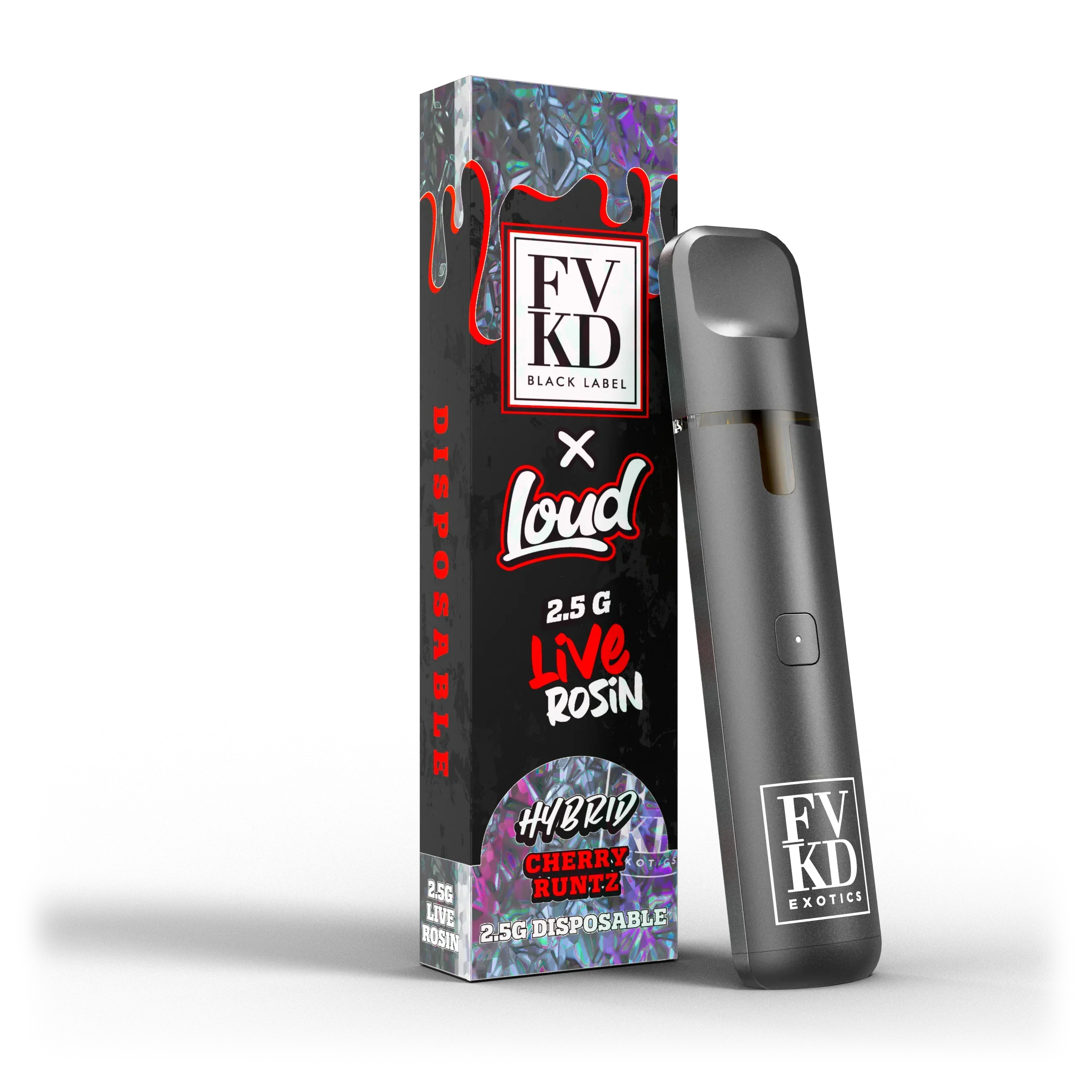 FVKD Black Label 2.5g Live Rosin disposable vape pen with Cherry Runtz hybrid flavor