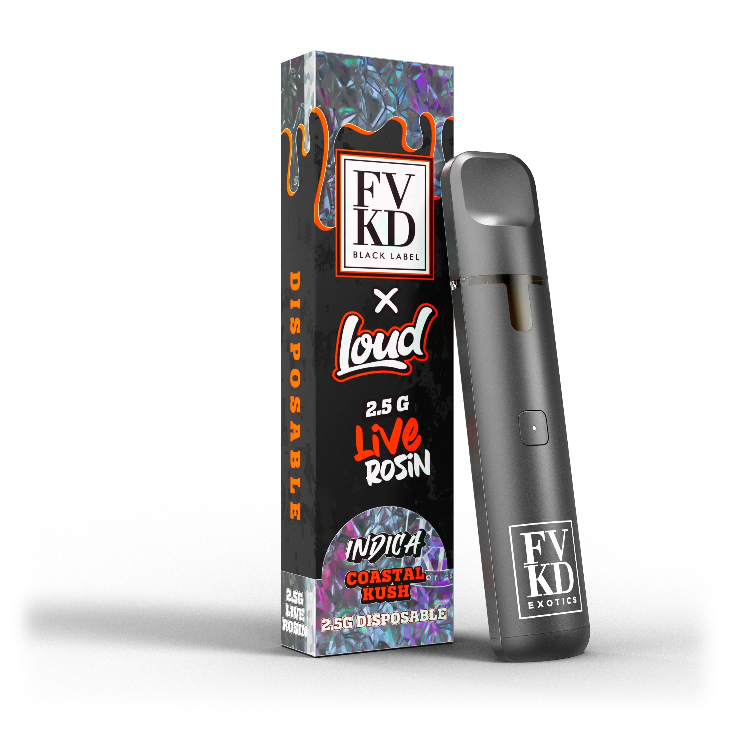 FVKD Black Label 2.5g Live Rosin Indica Coastal Kush disposable vape pen with packaging