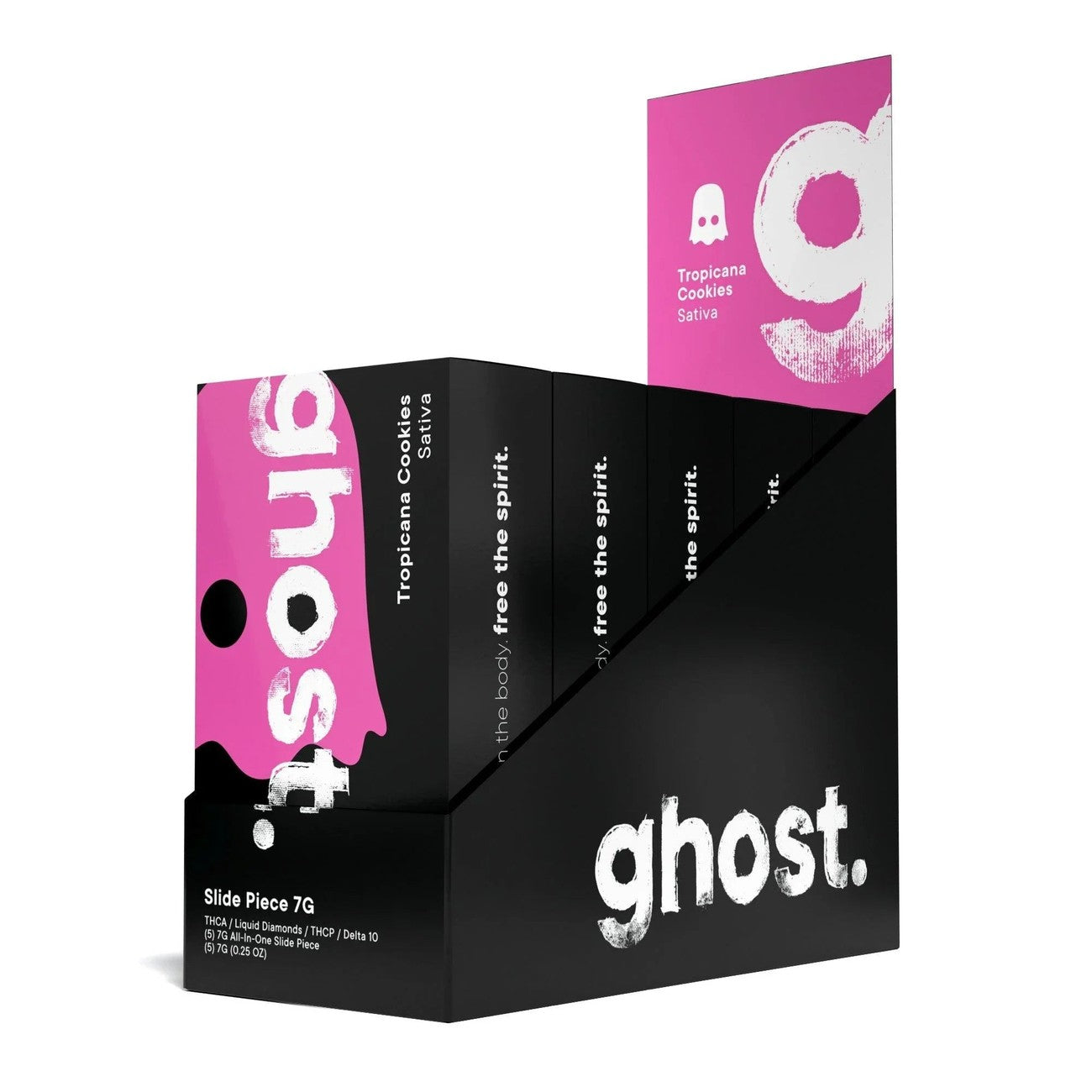 Ghost product packaging with pink and black design on a white background