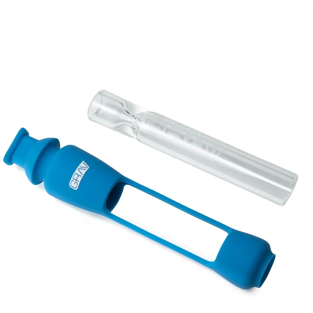 A Grav 12MM Taster w/ Silicone Skin, black and clear glass with "GRAV" printed on the side, is shown upright on a white background with a subtle reflection underneath.