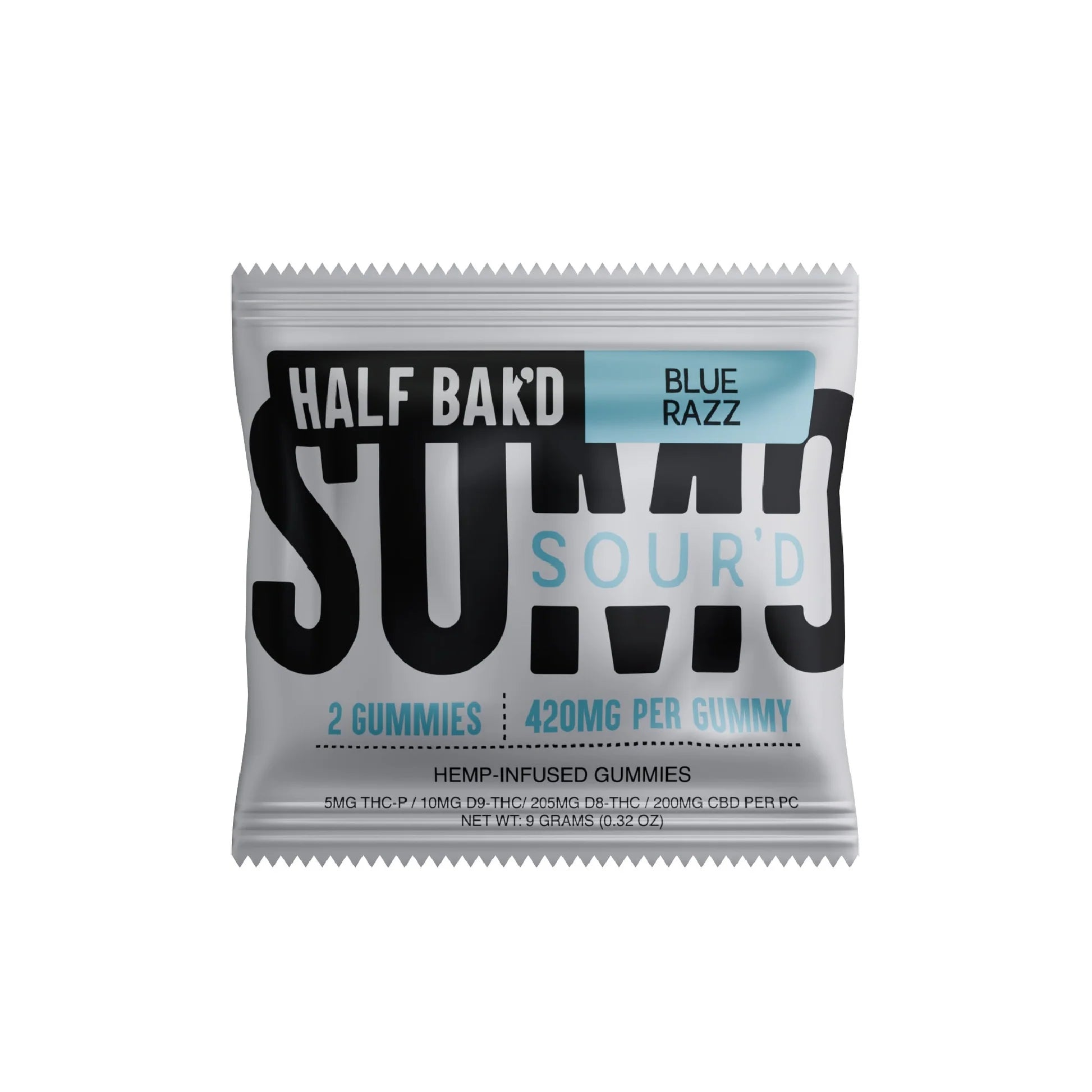 A silver packet labeled Half Bak’d Sumo Sour’d Gummies | 420mg (2ct) by Half Bak'd contains 2 hemp-infused gummies. The packaging features bold black and blue text on a white background.