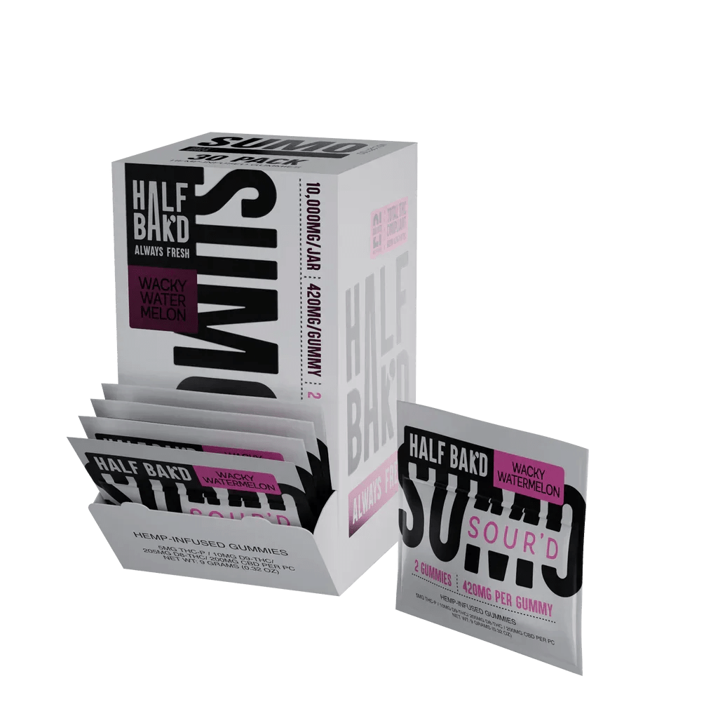 A silver packet labeled Half Bak’d Sumo Sour’d Gummies | 420mg (2ct) by Half Bak'd contains 2 hemp-infused gummies. The packaging features bold black and blue text on a white background.