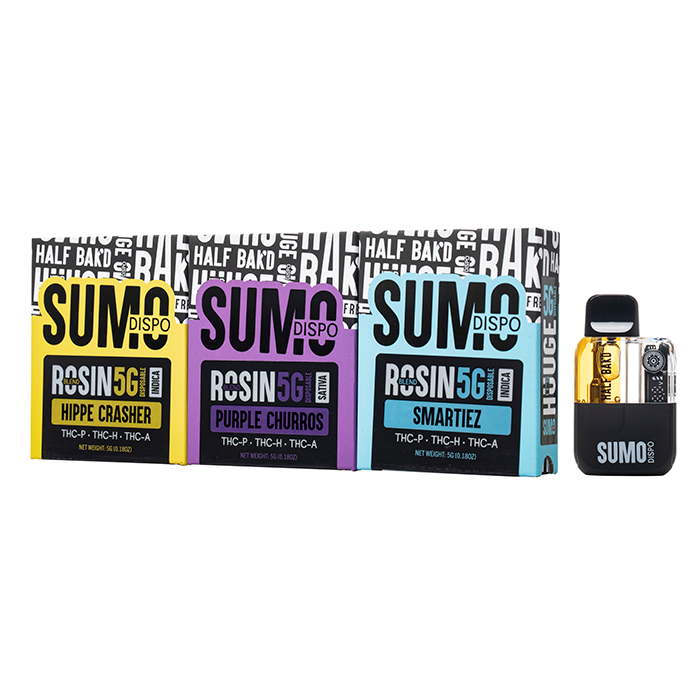 HALF BAK'D Sumo Disposable 5G display box featuring 5-pack rosin options for a rich vaping experience.
