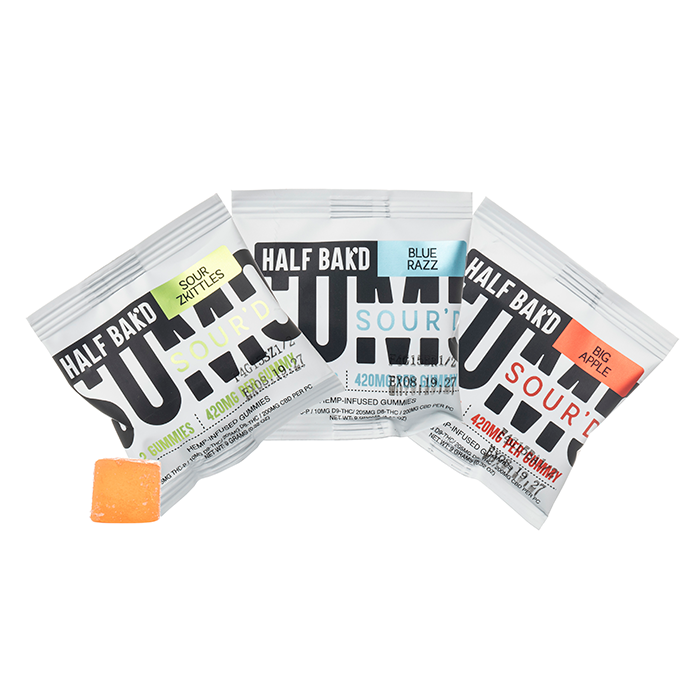 A silver packet labeled Half Bak’d Sumo Sour’d Gummies | 420mg (2ct) by Half Bak'd contains 2 hemp-infused gummies. The packaging features bold black and blue text on a white background.