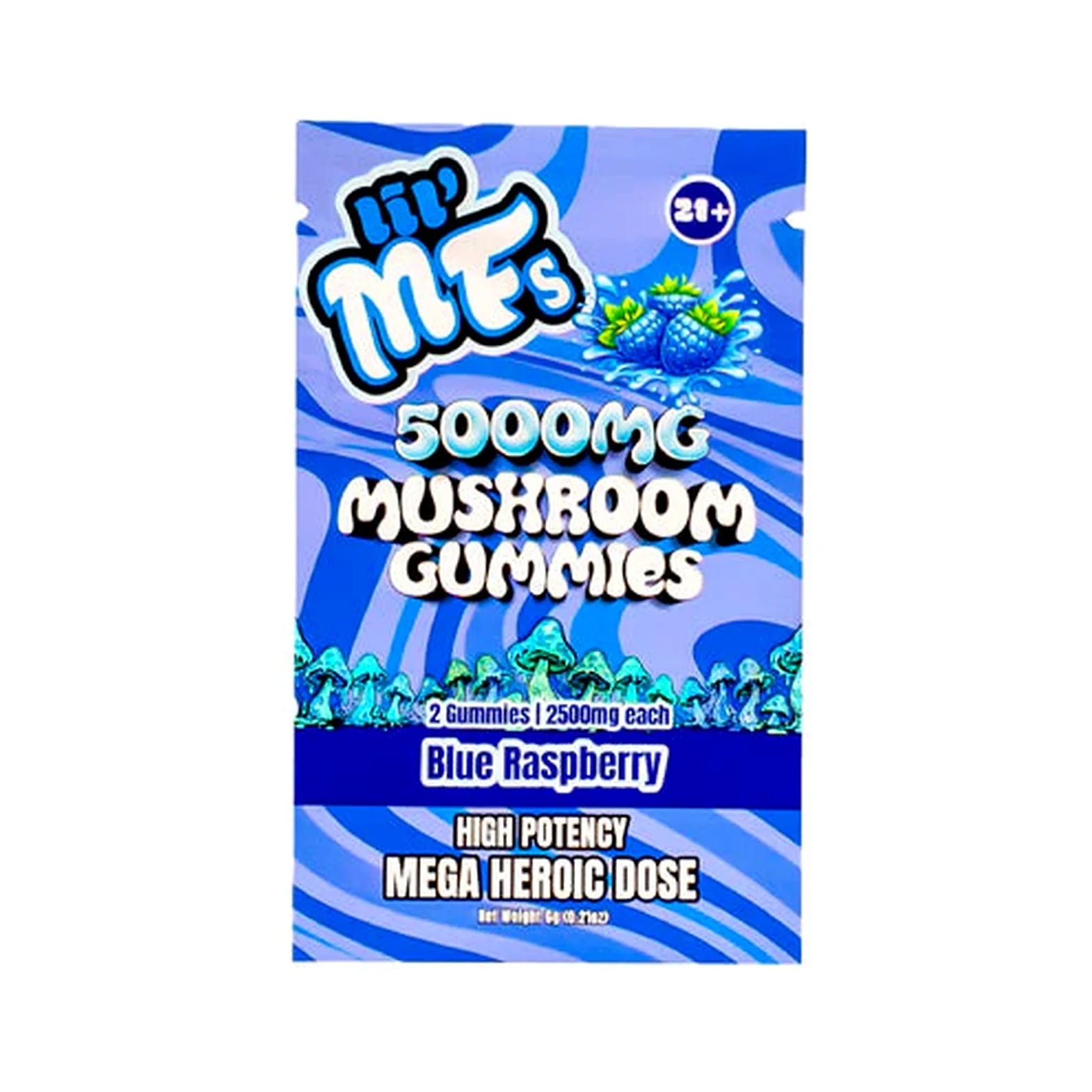 A package of Hip Me's 5000MG Mushroom Gummies in Blue Raspberry flavor, featuring a blue and white striped design with cartoon mushrooms and bold text.