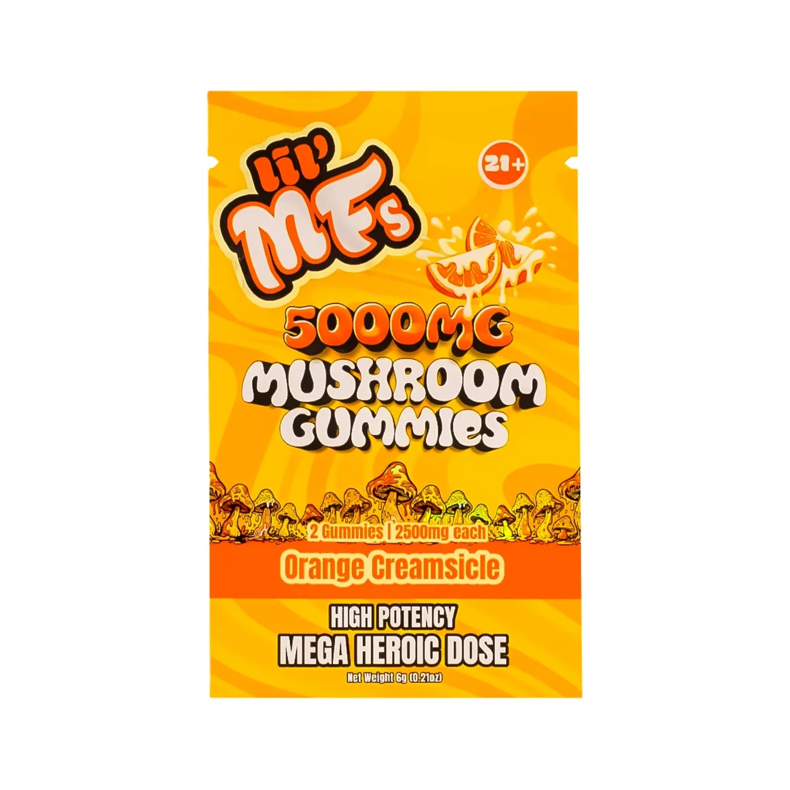 A package of Hi'N Mfs 5000mg Mushroom Gummies in Orange Creamsicle flavor