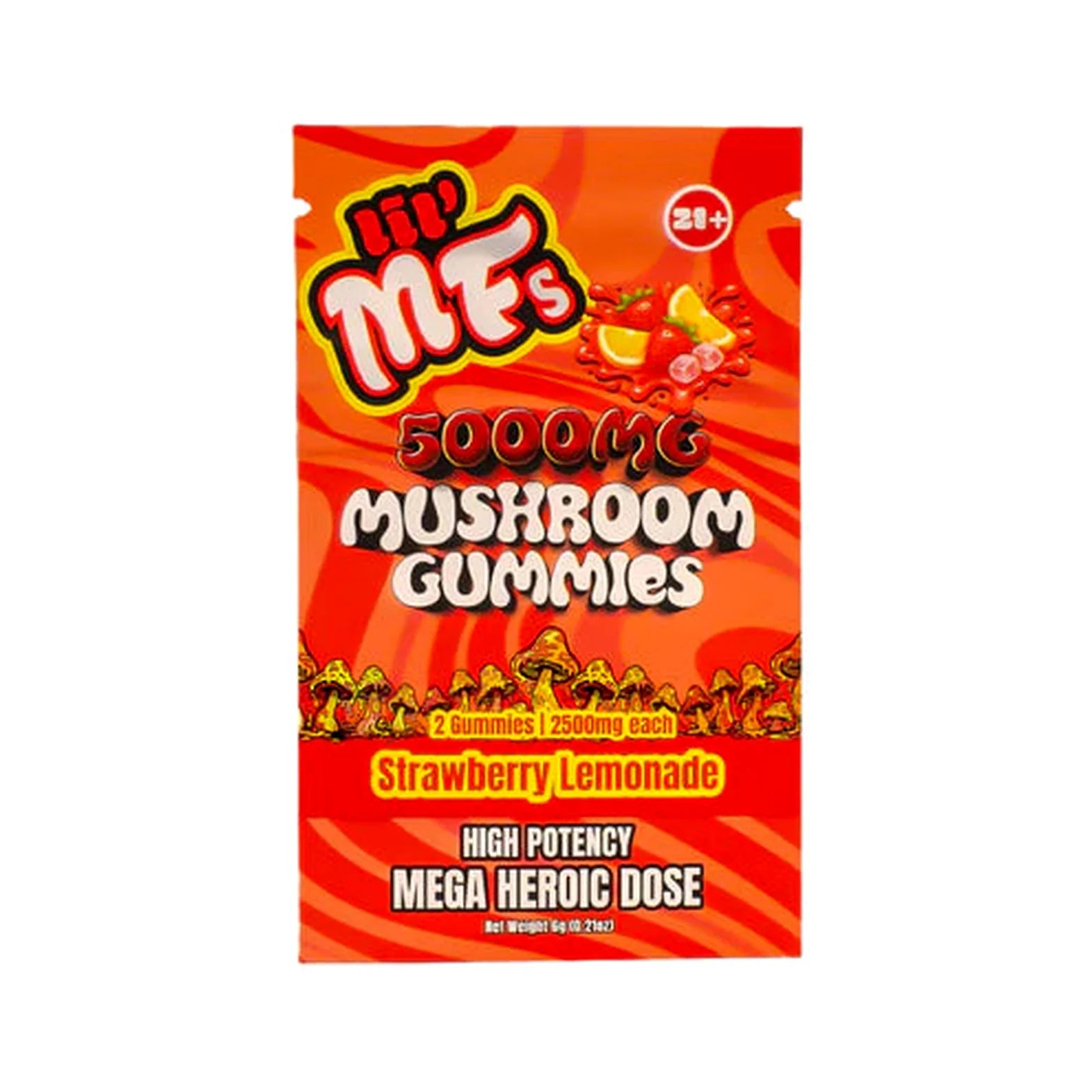 A package of Hip Mf's Strawberry Lemonade 5000MG Mushroom Gummies, featuring a bright red and orange design with bold white and yellow text.