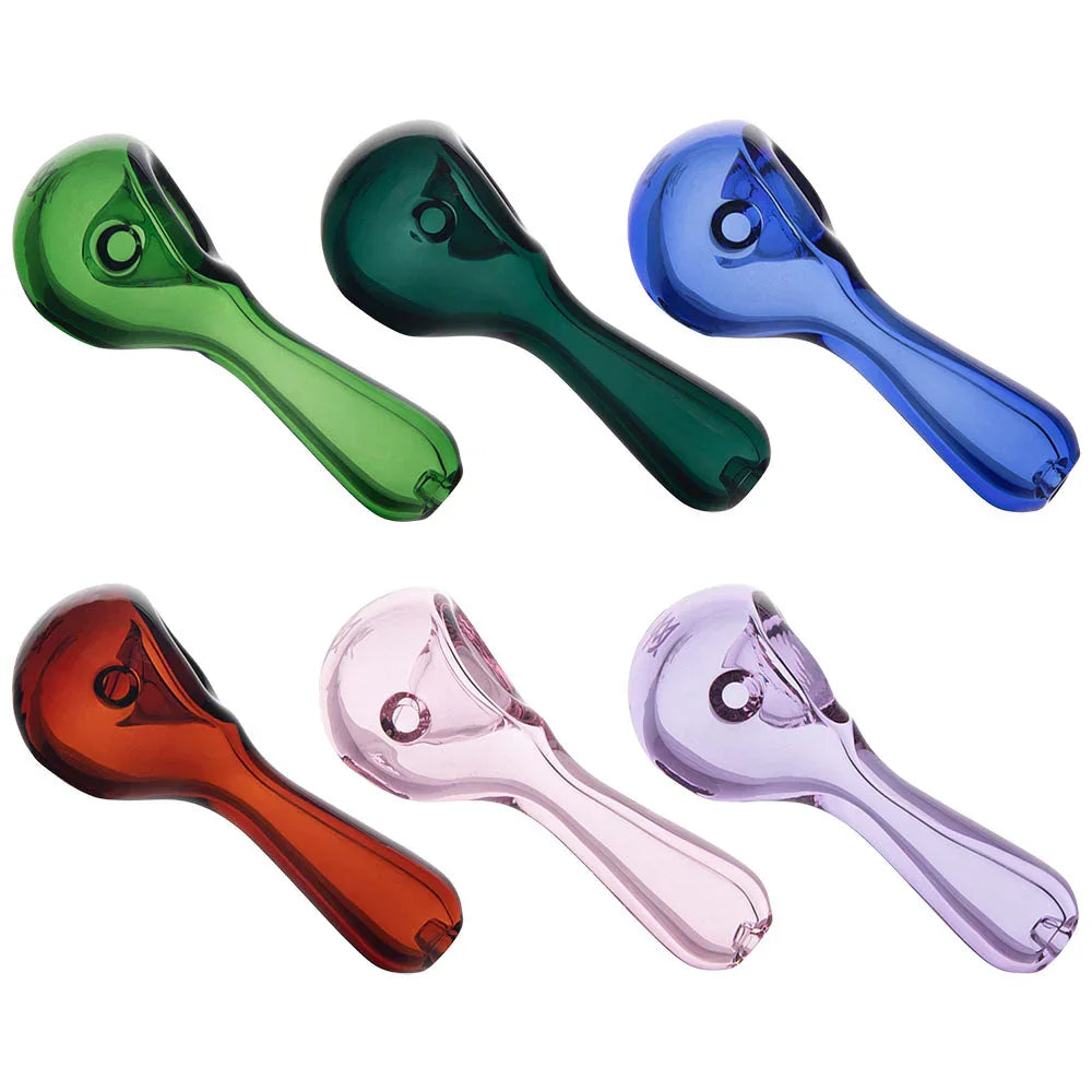 Assorted colored glass hand pipes with compact, sleek spoon design on white background.
