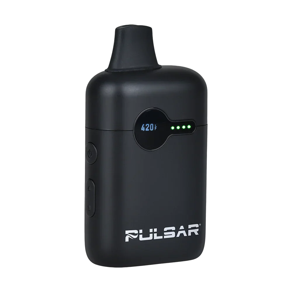 The Pulsar DL Dry Herb Vape by Pulsar is a compact black device with a digital 420°F display, green LEDs, ceramic airpath, sleek top mouthpiece, and simple side buttons for easy use.