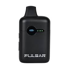 The Pulsar DL Dry Herb Vape is a black disposable vaporizer with an LED display reading "420" and four green dots, featuring a top mouthpiece, ceramic airpath, and the Pulsar brand name in white at the bottom.