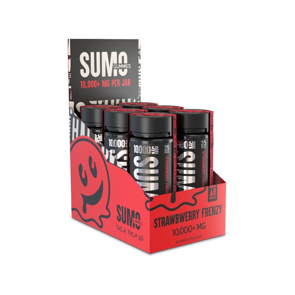 Display of Sumo Strawberry Frenzy supplement jars with packaging on a white background