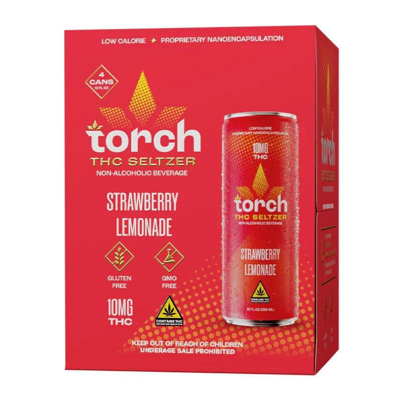 Torch THC Seltzer Strawberry Lemonade, 10mg THC, gluten-free, GMO-free, low-calorie non-alcoholic beverage