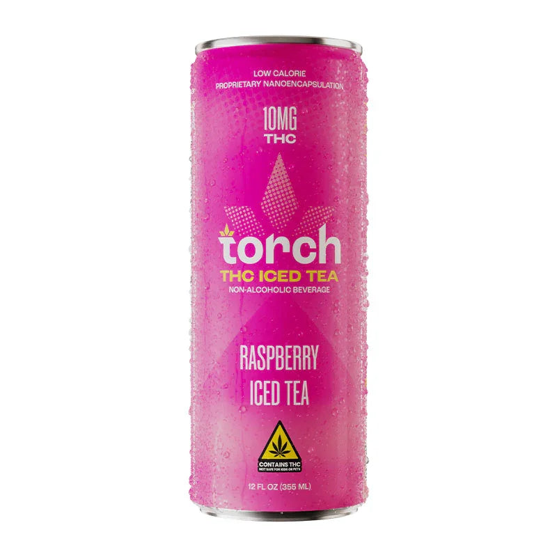 Torch THC Iced Tea Raspberry flavor, 10mg THC, low-calorie non-alcoholic beverage in a pink can